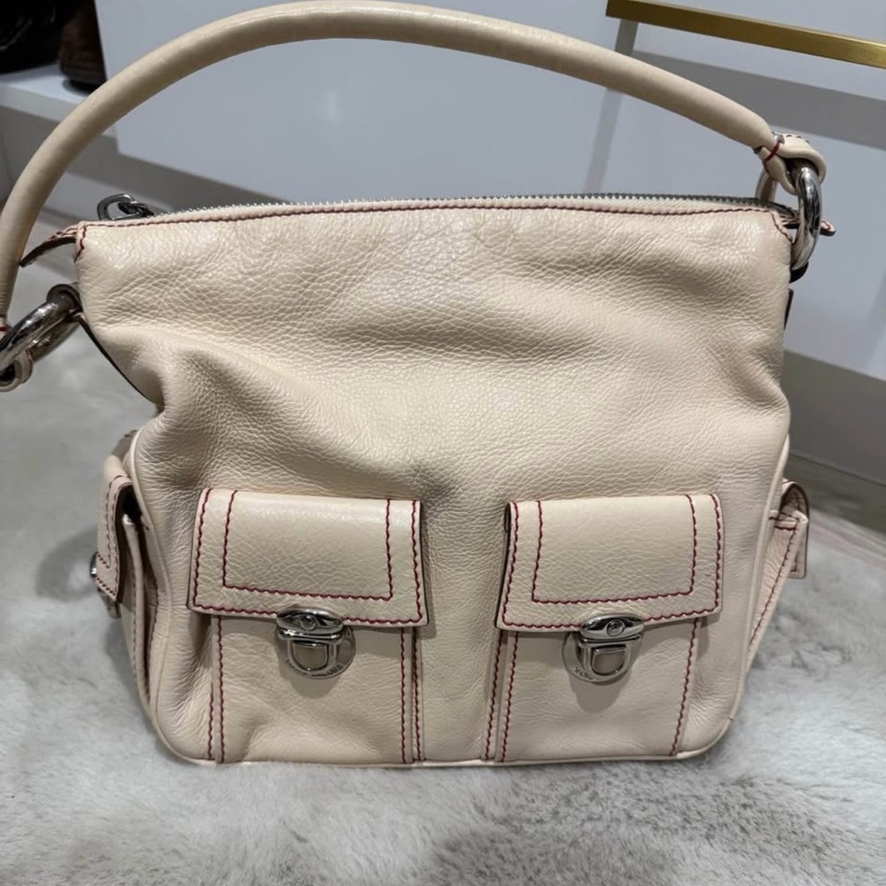 Marc Jacobs Cream Shoulder Bag with Red Stitching